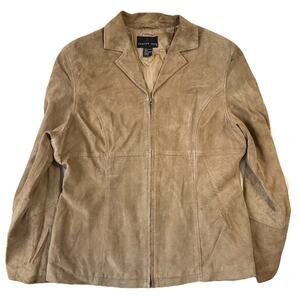 August Silk Women Jacket 14 Tan Long Sleeve Full Zip 100% Genuine Suede Collar